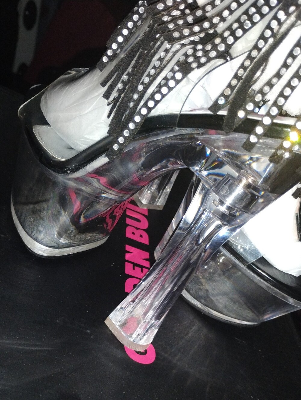 Clear Platform Heeled Sandals with White Upper and Black Fringe